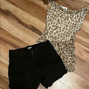 Leopard Print Sleeveless Top paired with black Jean shorts